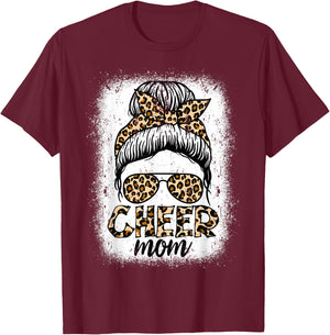 Messy Bun Cheer Mom Leopard Cheerleader Women Mothers Day T-Shirt - T-Shirt | Maroon