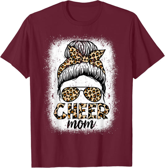 Messy Bun Cheer Mom Leopard Cheerleader Women Mothers Day T-Shirt - T-Shirt | Maroon