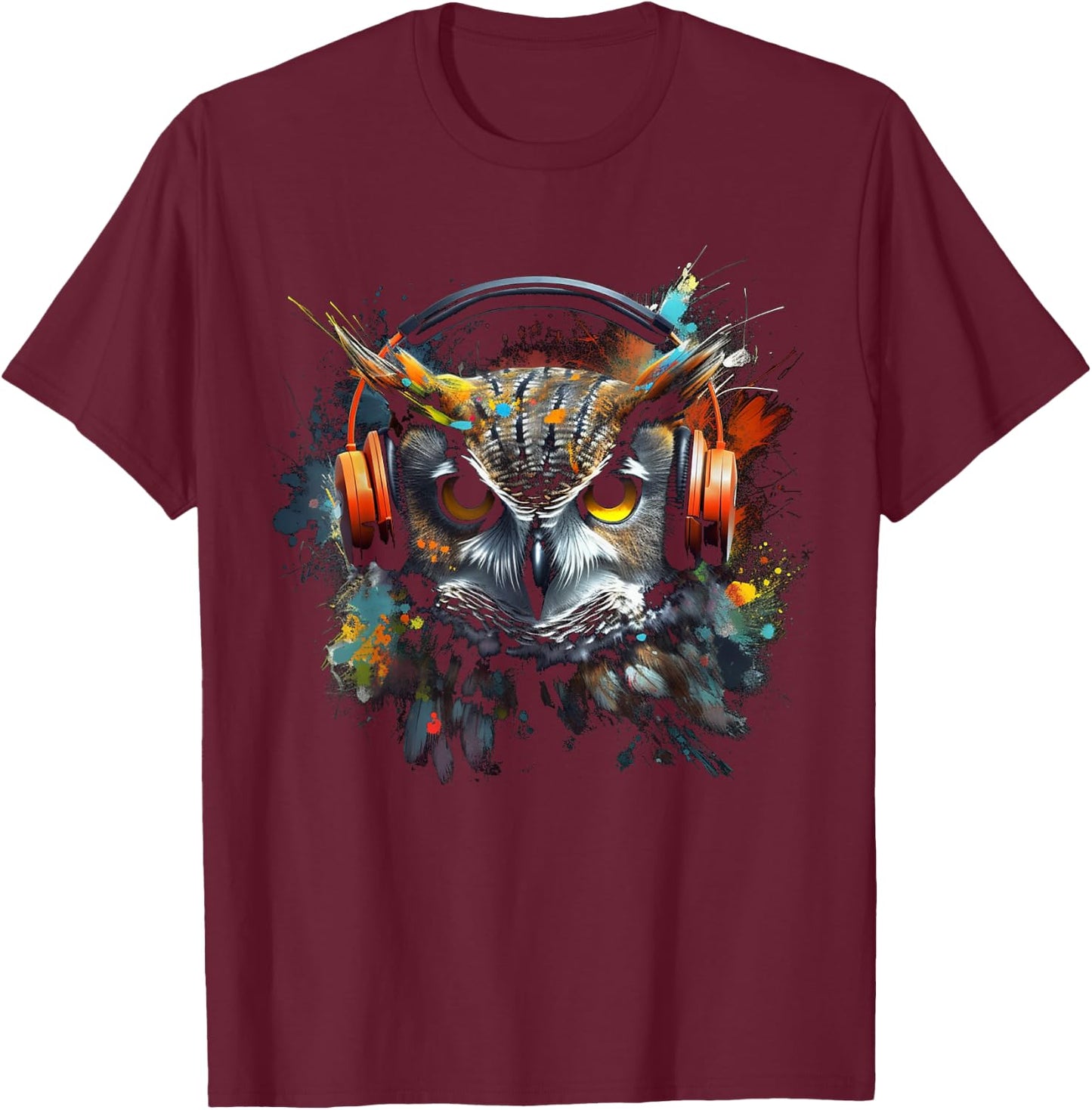 Owl Music Art Headphones Animal Owl T-Shirt - T-Shirt | Maroon