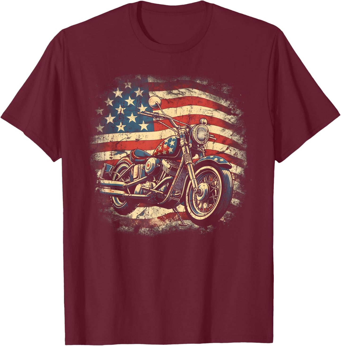 Vintage US Flag Motorcycle USA Retro Biker T-Shirt - T-Shirt | Maroon