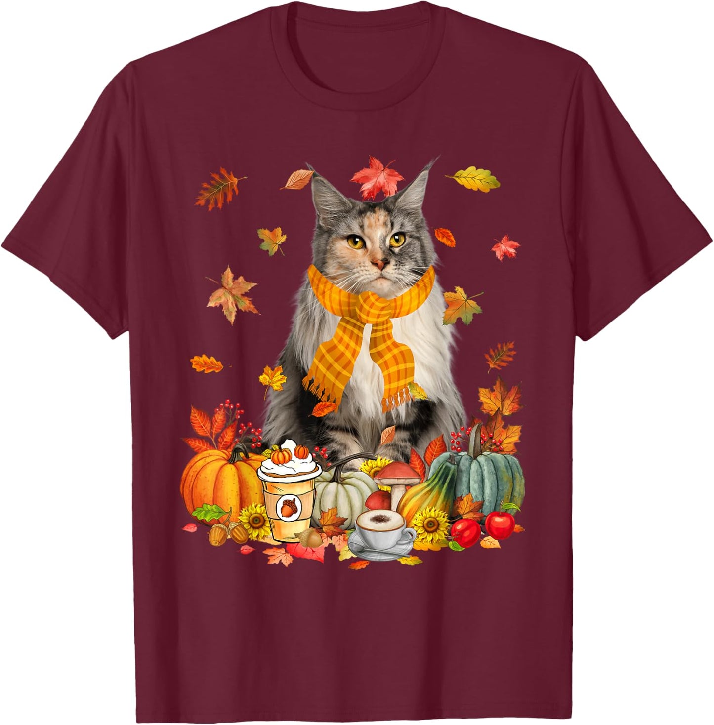 Cup Of Coffe Maine Coon Cat Pumpkins Fall Vibes Thanksgiving T-Shirt - T-Shirt | Maroon