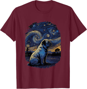 Pug Starry Night T-Shirt - T-Shirt | Maroon