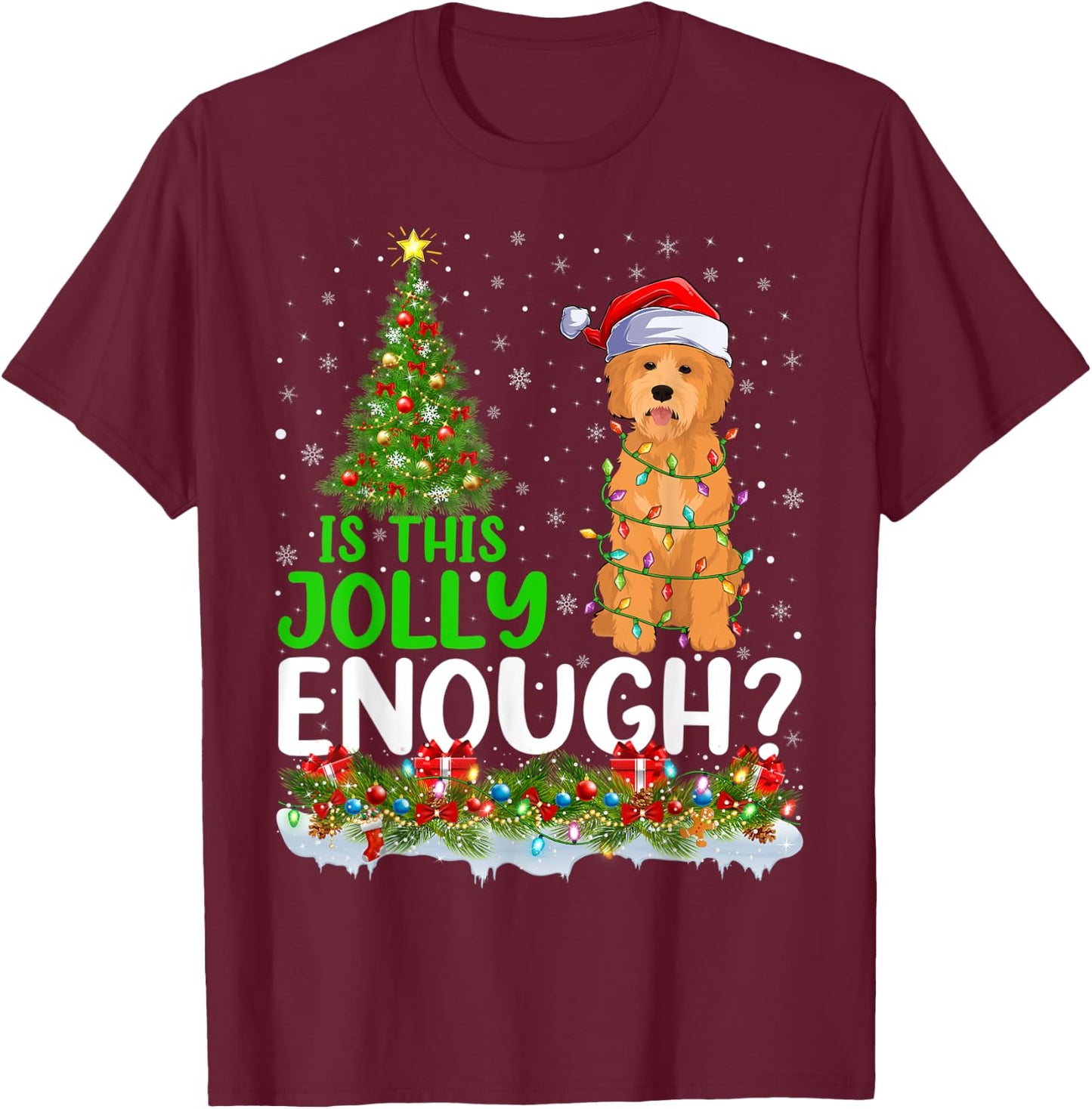Is This Jolly Enough Goldendoodle Dog Christmas Tree T-Shirt - T-Shirt | Maroon