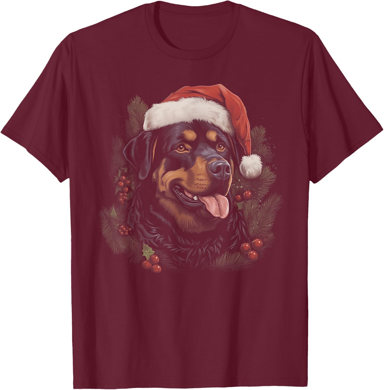 Rottweiler Dog Funny Christmas Santa Hat Tree Matching T-Shirt - T-Shirt | Maroon