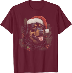 Rottweiler Dog Funny Christmas Santa Hat Tree Matching T-Shirt - T-Shirt | Maroon