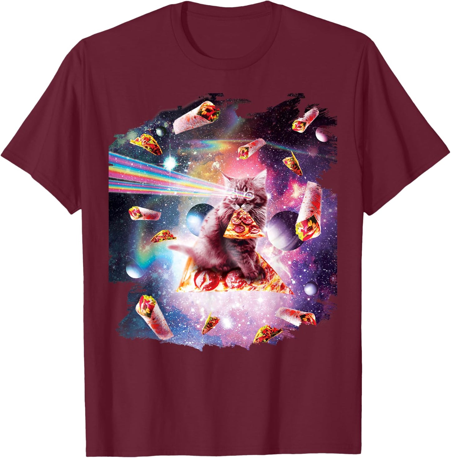 Outer Space Pizza Cat Rainbow Laser Taco Burrito Men Women Kids T-Shirt - T-Shirt | Maroon