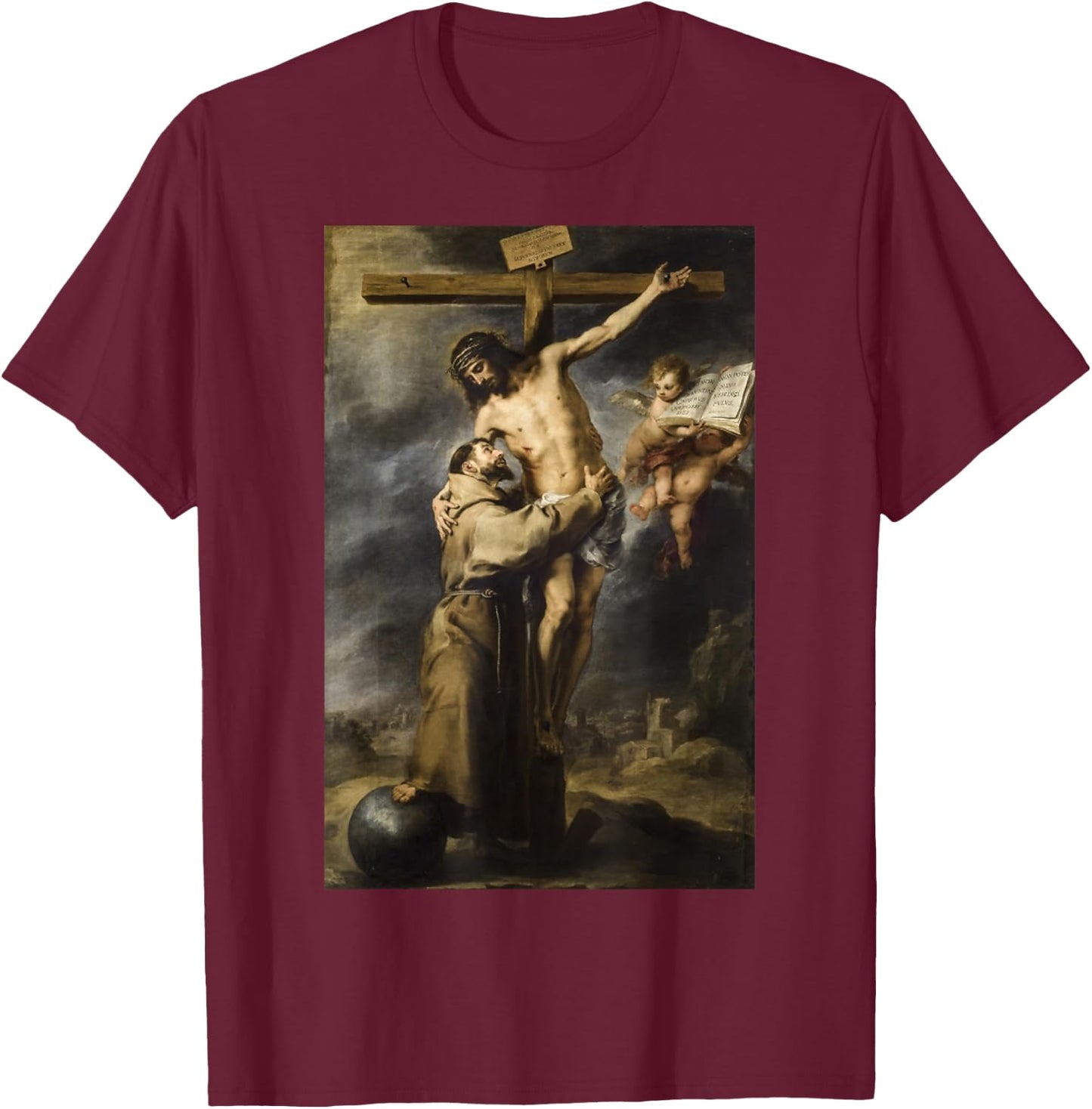 Saint Francis Embracing Christ on the Cross Painting Murillo T-Shirt - T-Shirt | Maroon