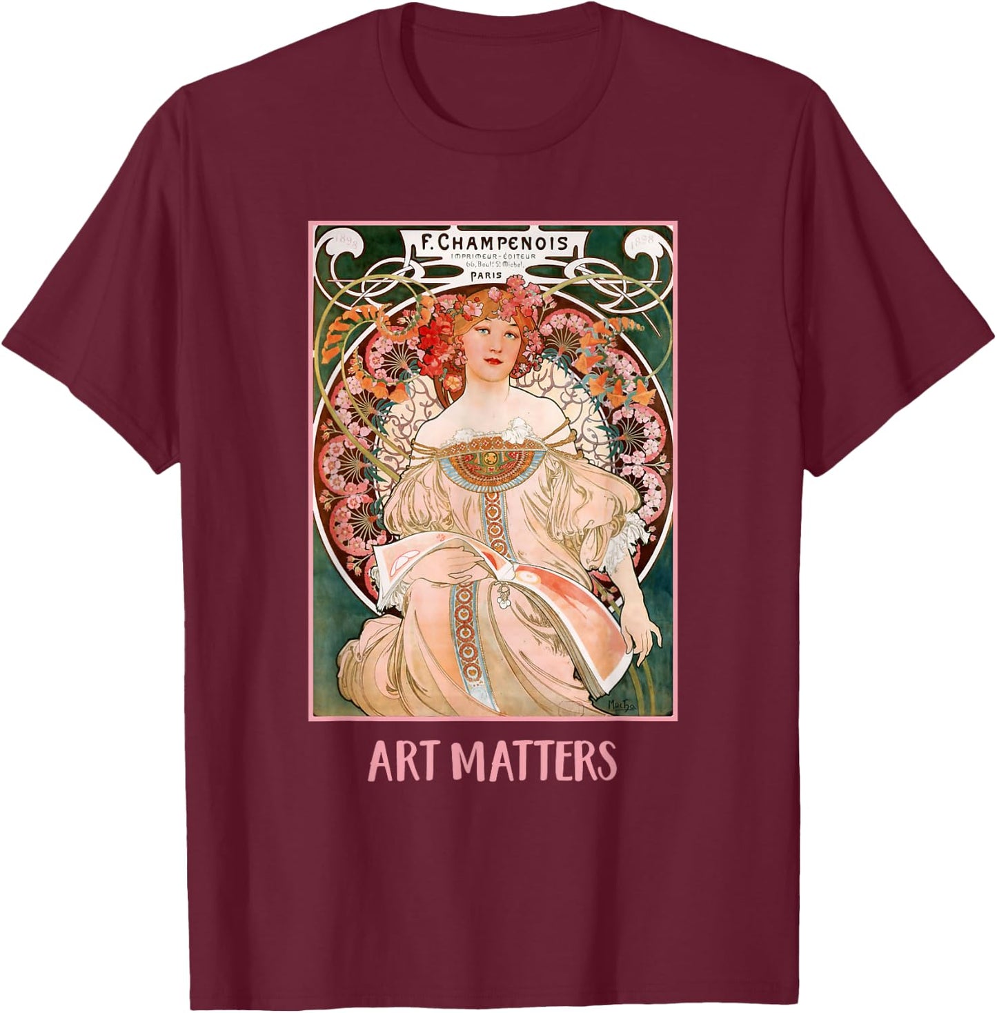 Women with Flowers Paris Mucha Art Nouveau Art Matters T-Shirt - T-Shirt | Maroon