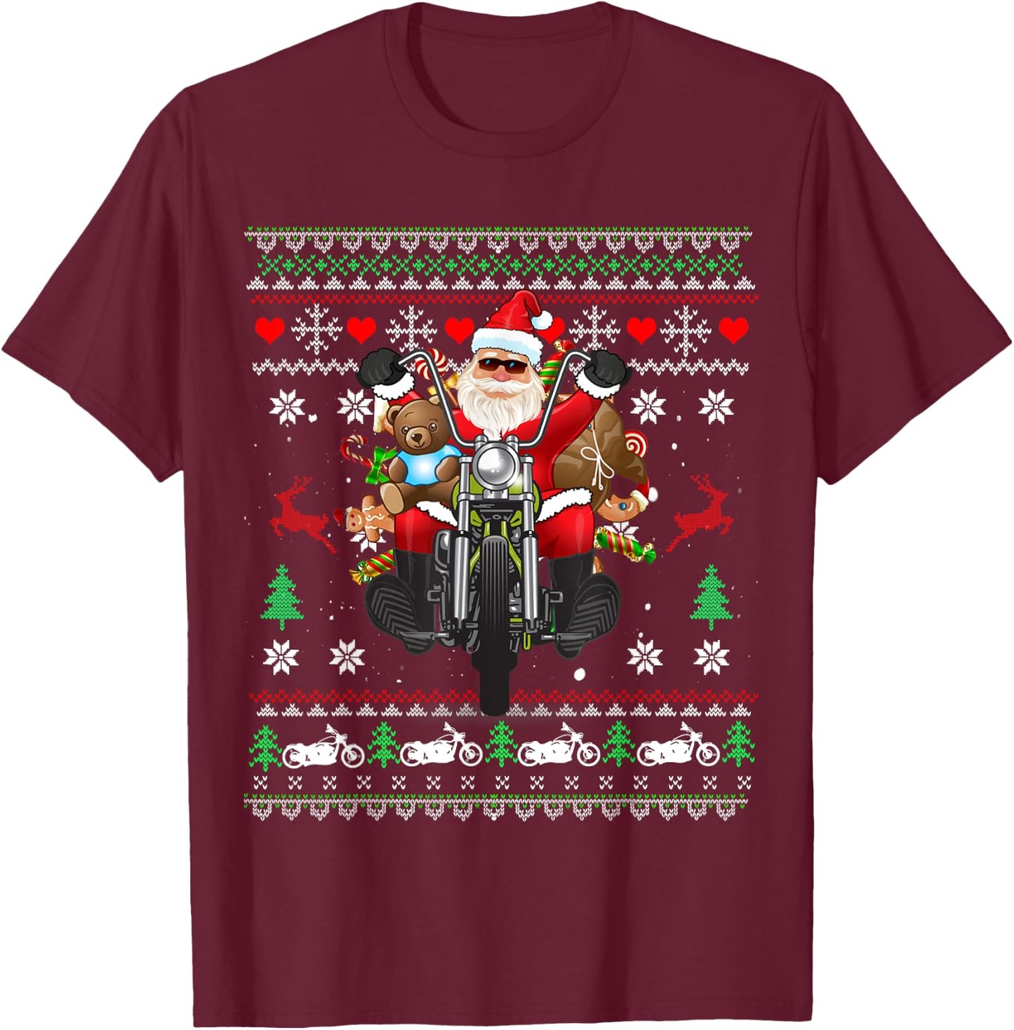 Santa On Motorcycle, Merry Christmas, Men, Biker, Rider Ugly T-Shirt - T-Shirt | Maroon