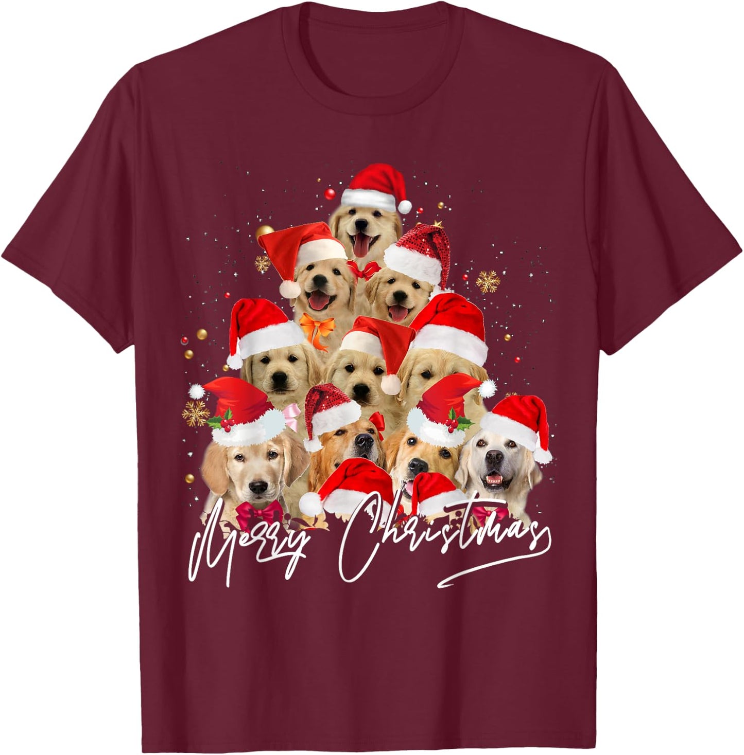 Golden Retriever Santa Hat Xmas Dogs Merry Christmas Graphic T-Shirt - T-Shirt | Maroon