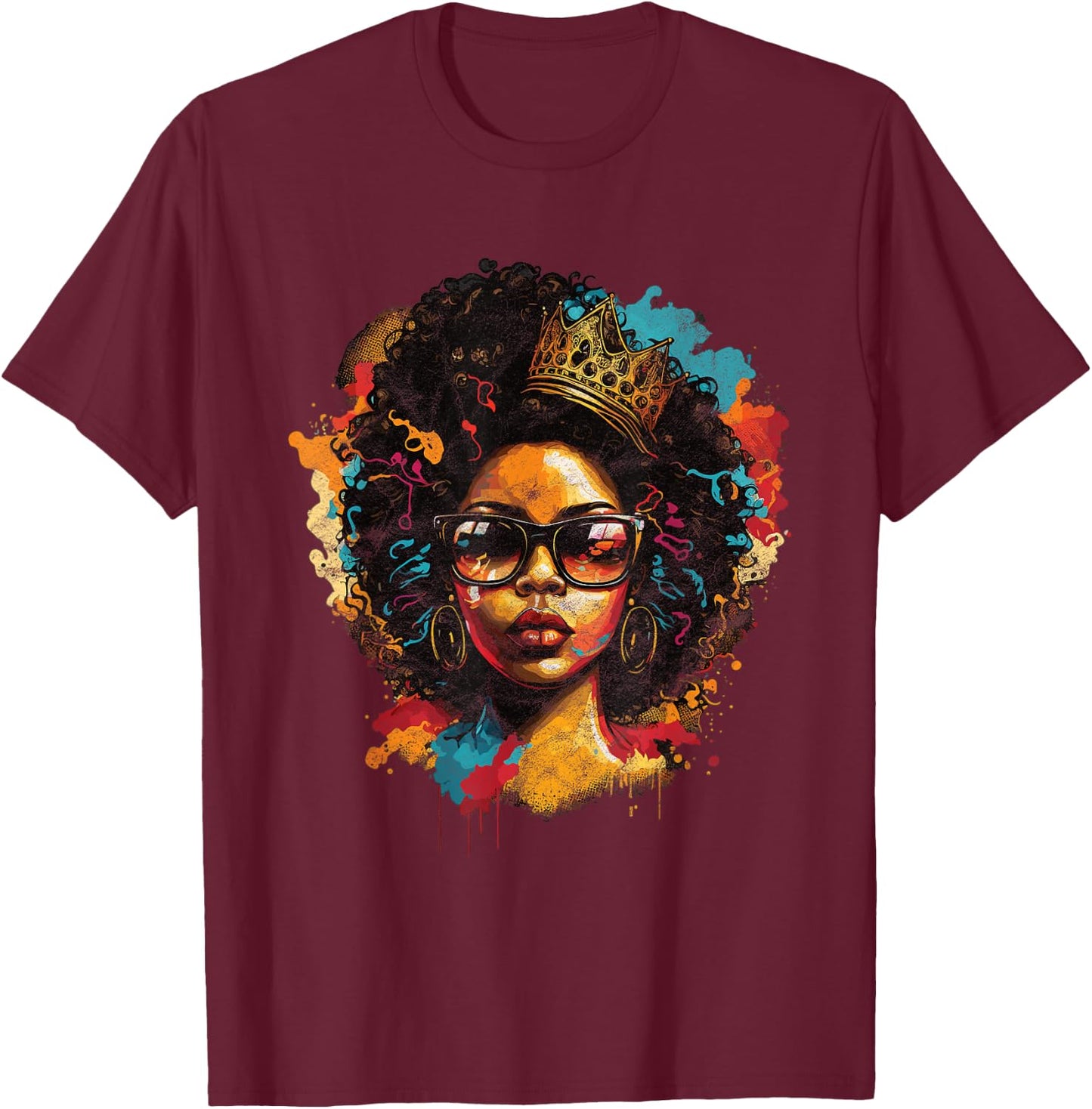 Colorful Art Black Queen Afro Melanin Dripping Juneteenth T-Shirt - T-Shirt | Maroon