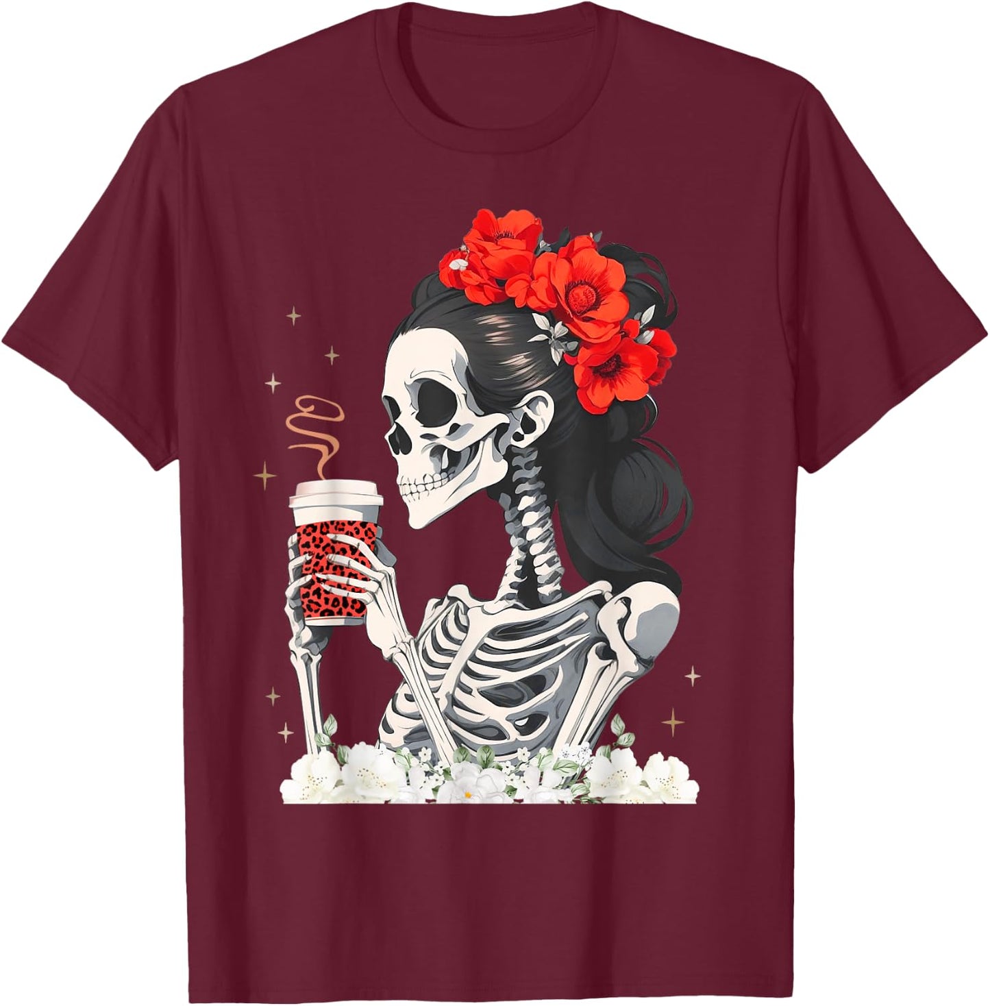 Skeleton Messy Bun Coffee Funny Costume Mom Women T-Shirt - T-Shirt | Maroon