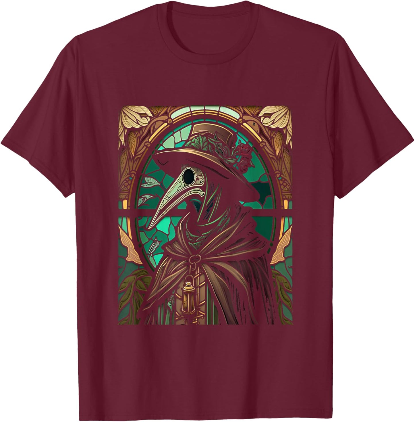 Colorful Stained Glass Holy Plague Doctor Cool Cathedral Art T-Shirt - T-Shirt | Maroon