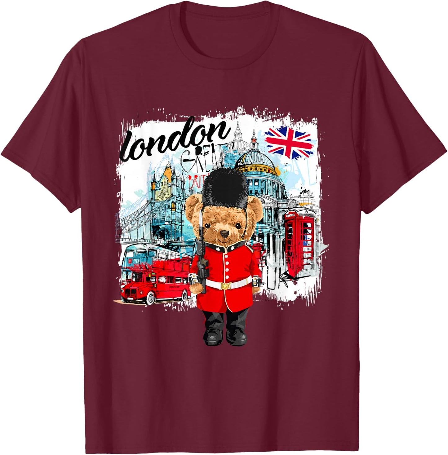 London Teddy Bear Queen Guard Illustration Graphic Cartoon T-Shirt - T-Shirt | Maroon