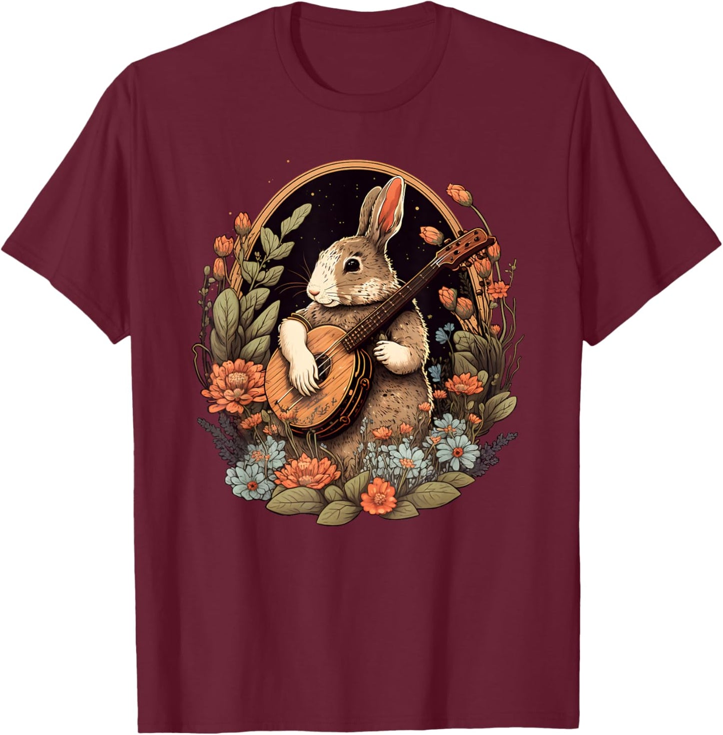 Funny Bunny Playing Banjo Guitar Music Rabbit Happy Easter T-Shirt - T-Shirt | Maroon
