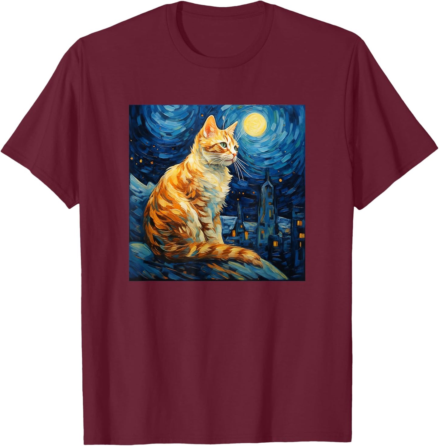 Cat Starry Night lover art Painting kitty kitten Van Gogh T-Shirt - T-Shirt | Maroon