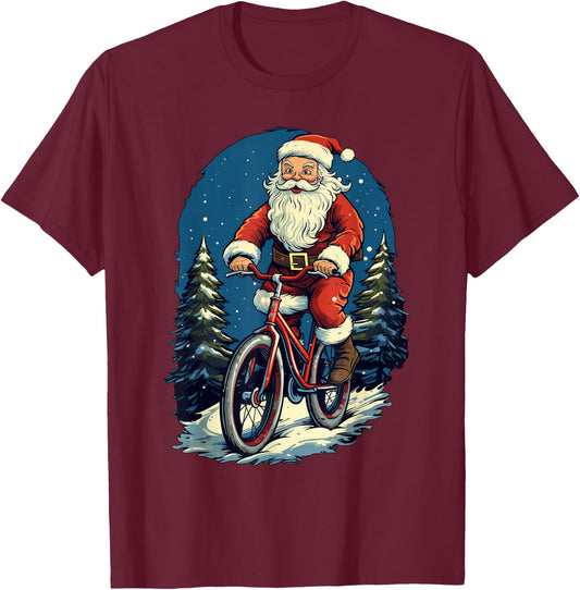 Santa Claus Riding Bicycle Cycling Biker Cyclist Xmas Party T-Shirt - T-Shirt | Maroon