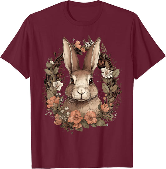 Cute Cottagecore Floral Rabbit Aesthetic Women Girls Graphic T-Shirt - T-Shirt | Maroon