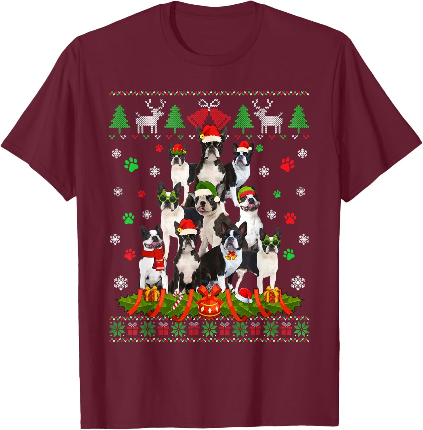 Ugly Sweater Christmas Tree Boston Terrier Dog Xmas Pajama T-Shirt - T-Shirt | Maroon