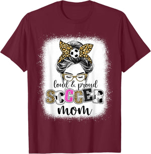 Soccer mom Proud and loud Soccer mom messy bun leopard women T-Shirt - T-Shirt | Maroon