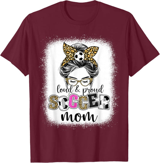 Soccer mom Proud and loud Soccer mom messy bun leopard women T-Shirt - T-Shirt | Maroon