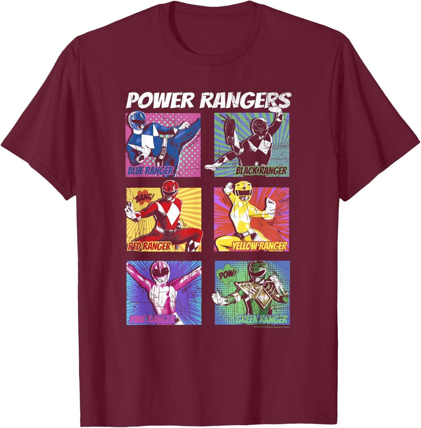 Power Rangers Group Shot Color Pop Boxed Up Comic Style T-Shirt - T-Shirt | Maroon