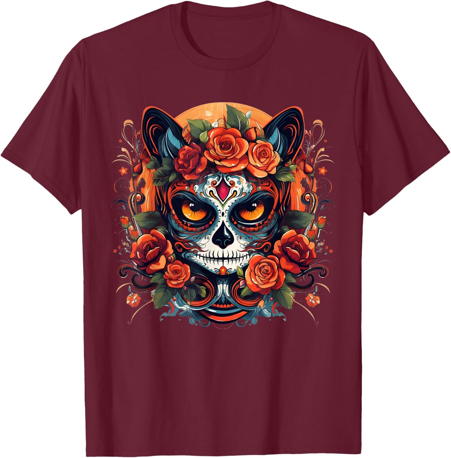 Cute Cat Sugar Skull Mexican Cat Halloween Day Of The Dead Men Women Kids T-Shirt - T-Shirt | Maroon