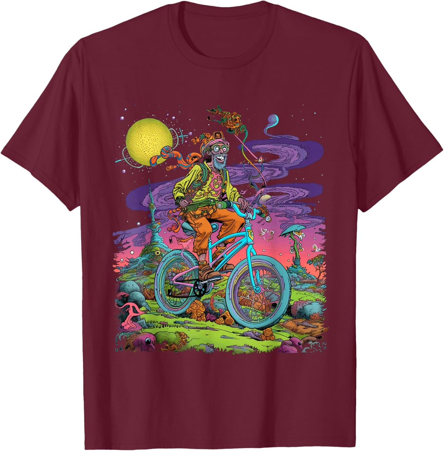 Bicycle Day Hofmann Trip | Psychedelic Comic Style Hippie T-Shirt - T-Shirt | Maroon