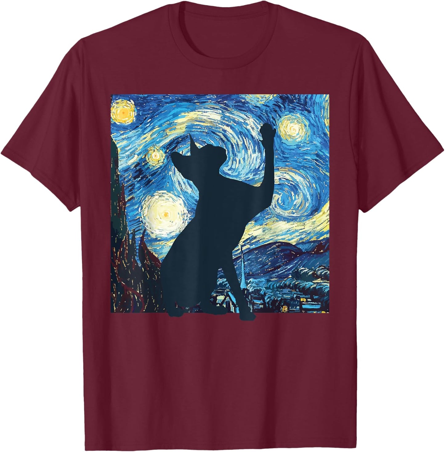 Cat Starry Night Painting Funny Painting Art Women Girls Kid T-Shirt - T-Shirt | Maroon