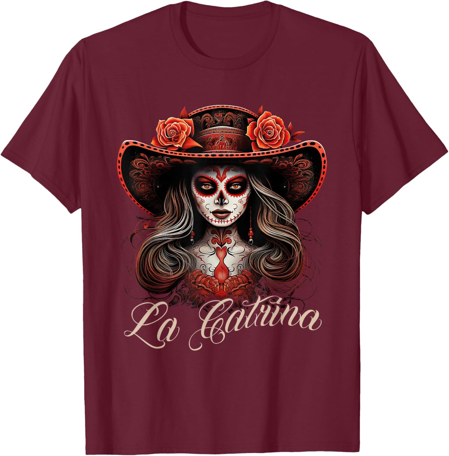 La Catrina Dress Stylish Day of the Dead Costume La Catrina T-Shirt - T-Shirt | Maroon