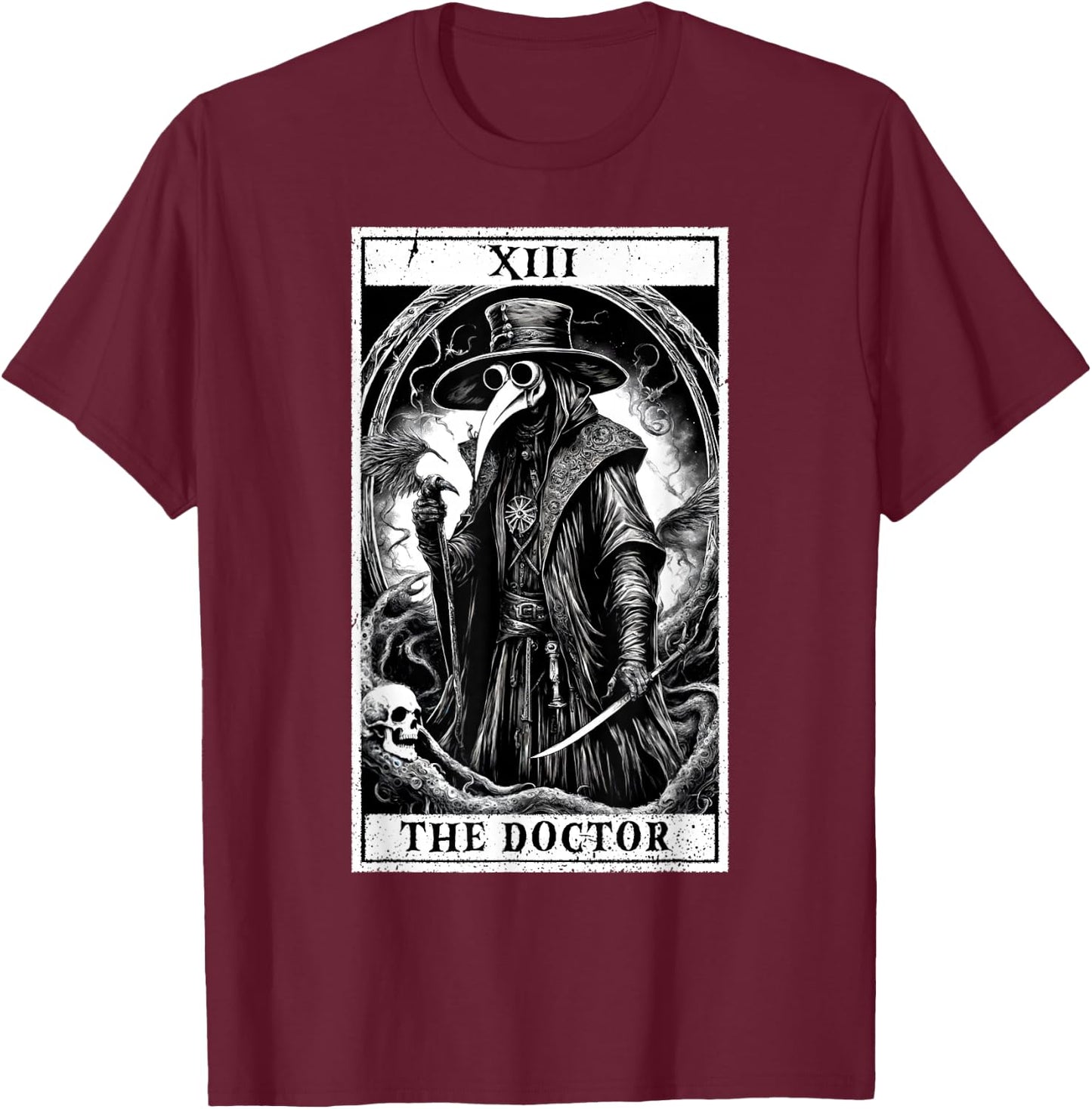 Tarot Card Plague Medical Doctor Magic Occult White on Black T-Shirt - T-Shirt | Maroon