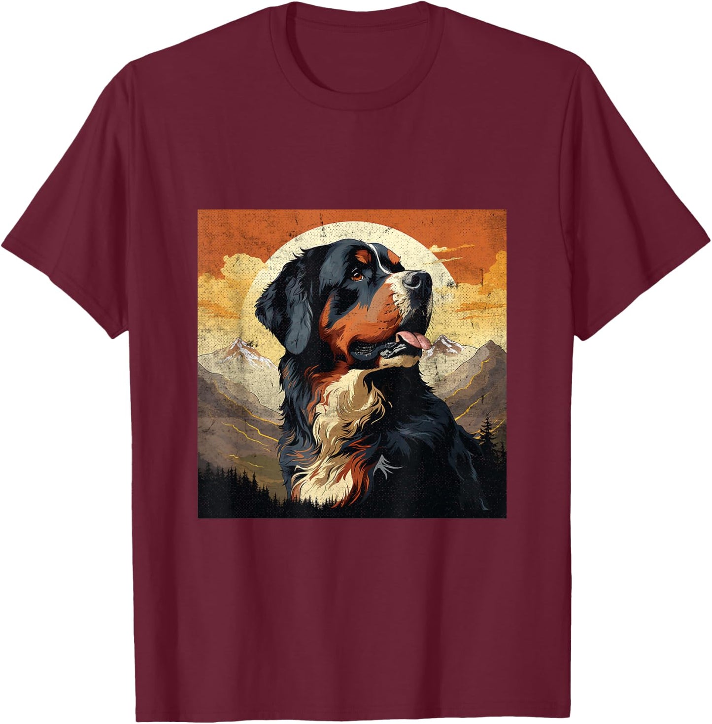 Vintage Bernese Mountain Dog Distressed Mountain Sunset T-Shirt - T-Shirt | Maroon