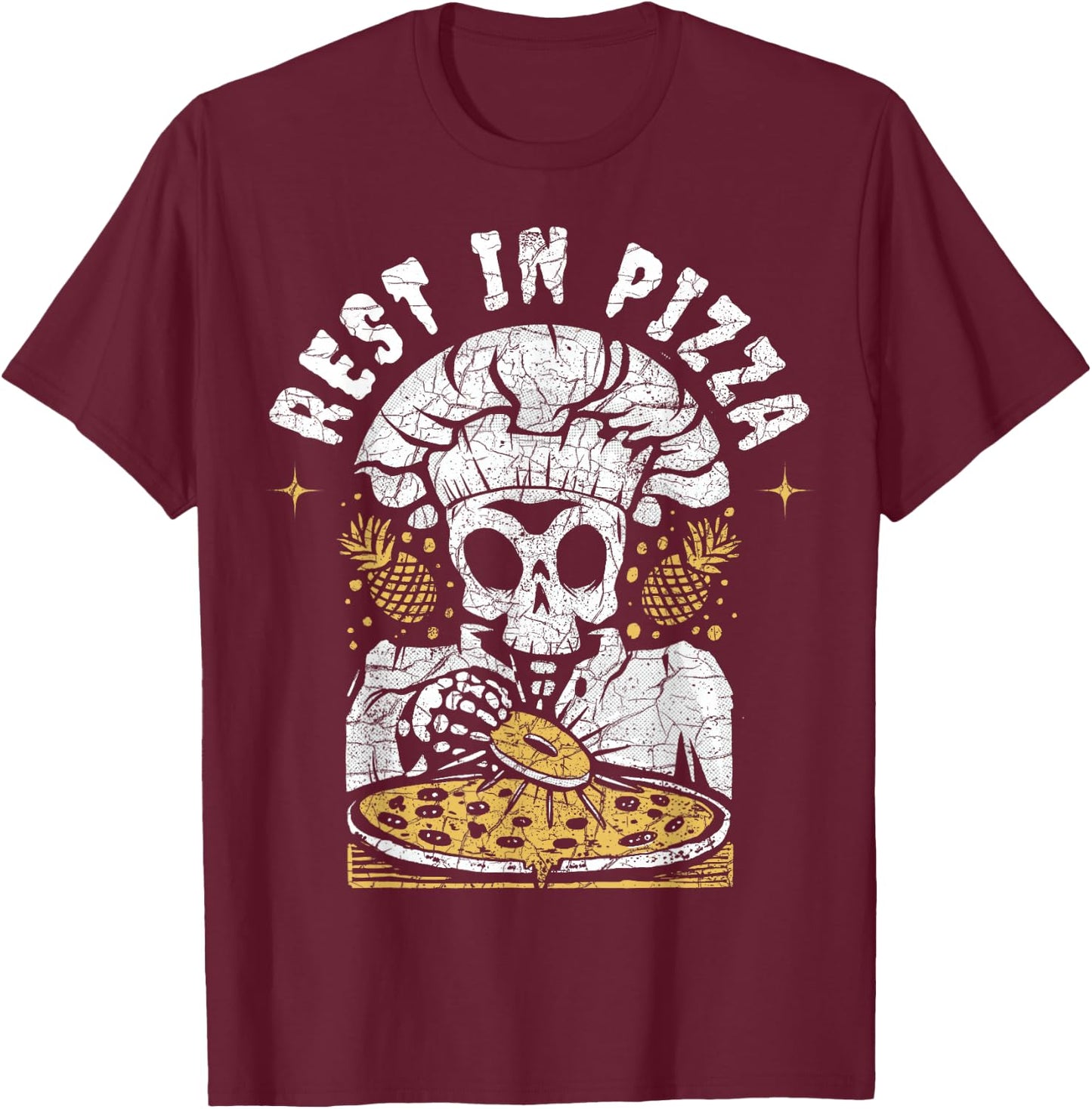 Rest In Pizza Funny Skeleton Halloween T-Shirt - T-Shirt | Maroon