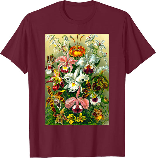 Ernst Haeckel Vintage Biological Botanical Orchid Art T-Shirt - T-Shirt | Maroon