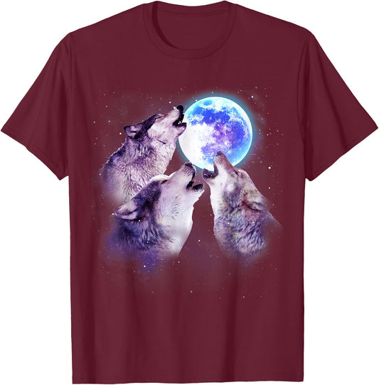Three Grey Wolf Howling at The Moon 3 Wolves Space Galaxy T-Shirt - T-Shirt | Maroon