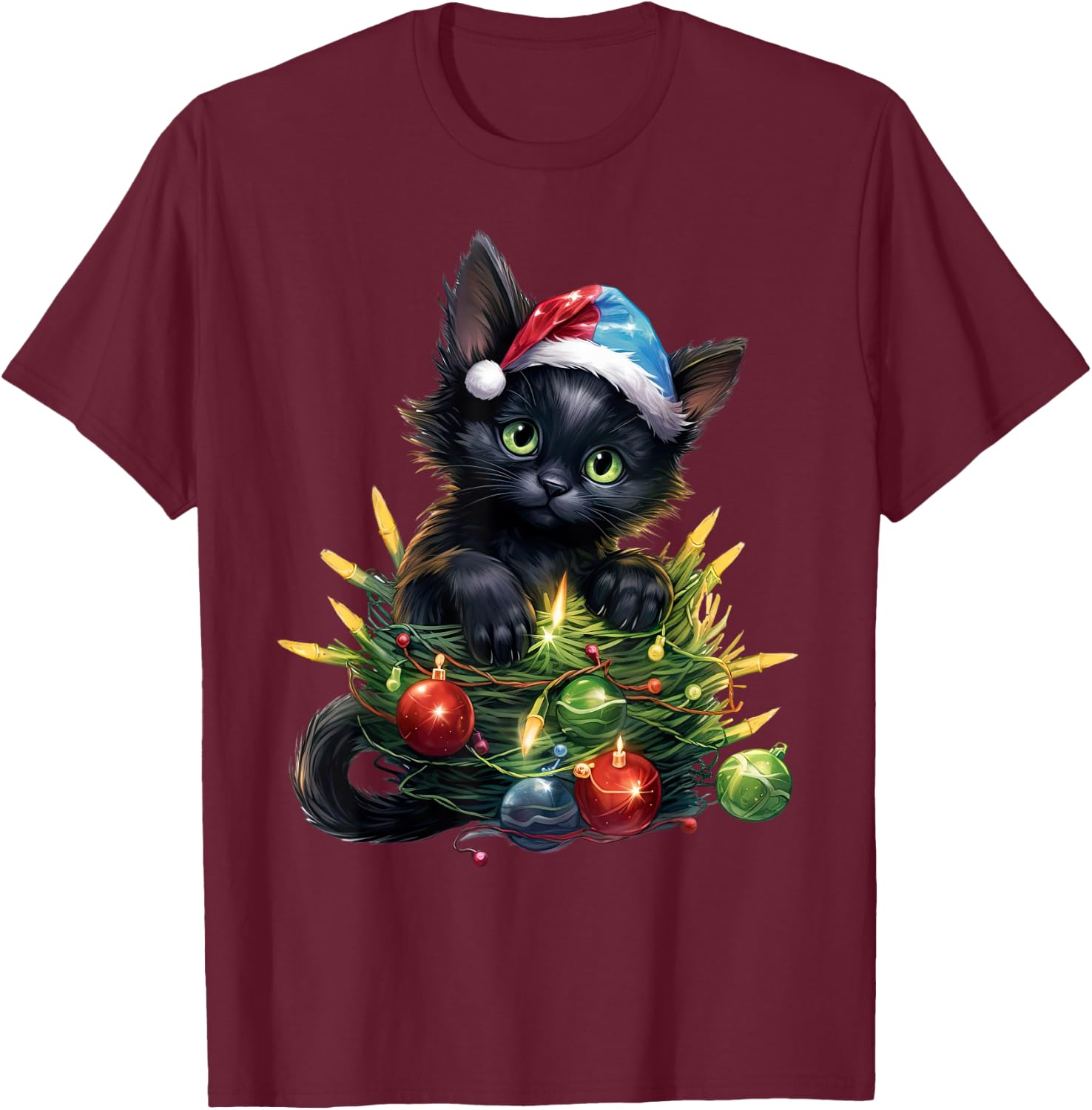 Cute Christmas Cat kittens with Santa Claus hat merry catmas T-Shirt - T-Shirt | Maroon