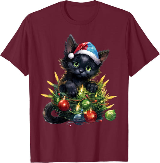 Cute Christmas Cat kittens with Santa Claus hat merry catmas T-Shirt - T-Shirt | Maroon
