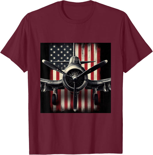 WW2 Warplane F4U Corsair Distressed American Flag Vintage T-Shirt - T-Shirt | Maroon