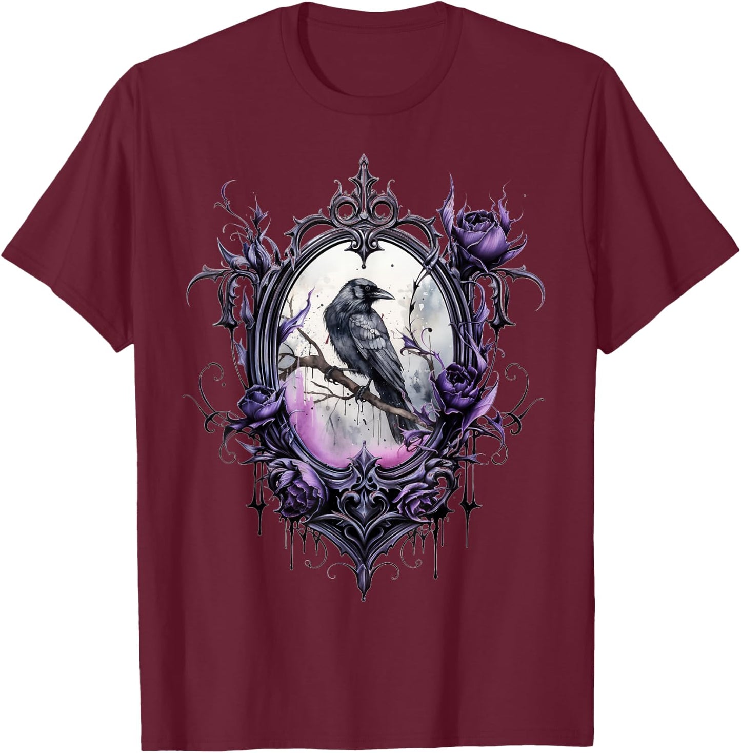 Gothic Halloween Raven Rose Purple Majestic Bird T-Shirt - T-Shirt | Maroon