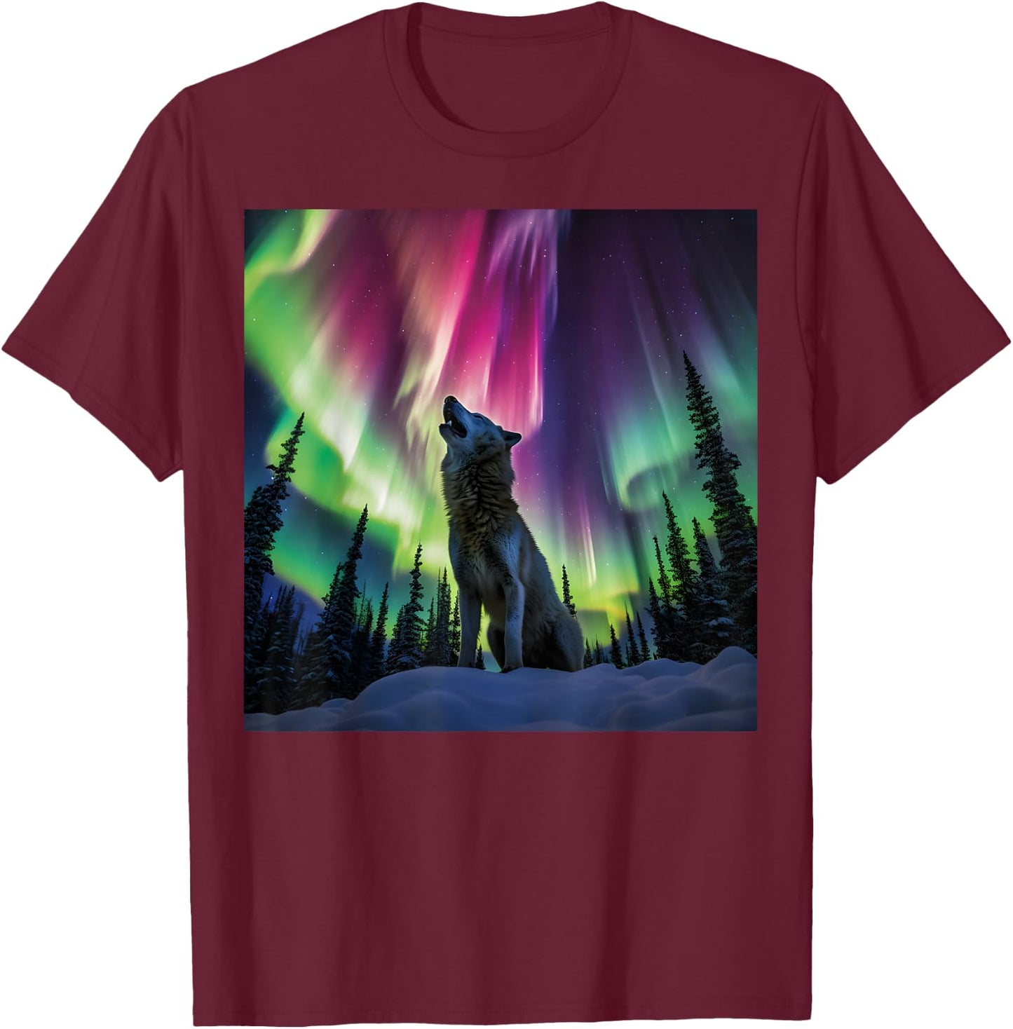 Alaska Aurora Borealis Howling Wolf Aesthetic Photo Souvenir T-Shirt - T-Shirt | Maroon