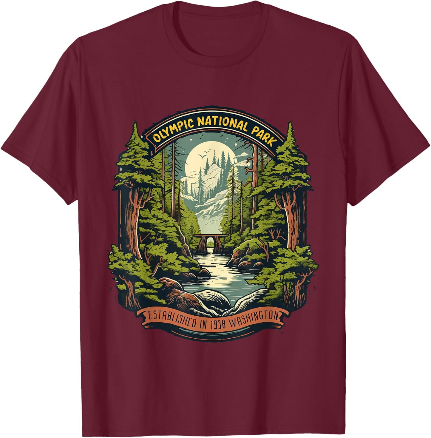 Olympic National Park -Adults Retro Black Cotton Small T-Shirt - T-Shirt | Maroon