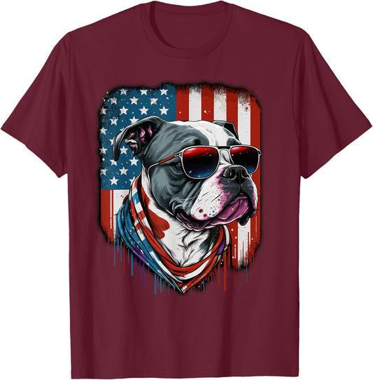 Pitbull Dog Red White Blue American Flag Sunglasses T-Shirt - T-Shirt | Maroon