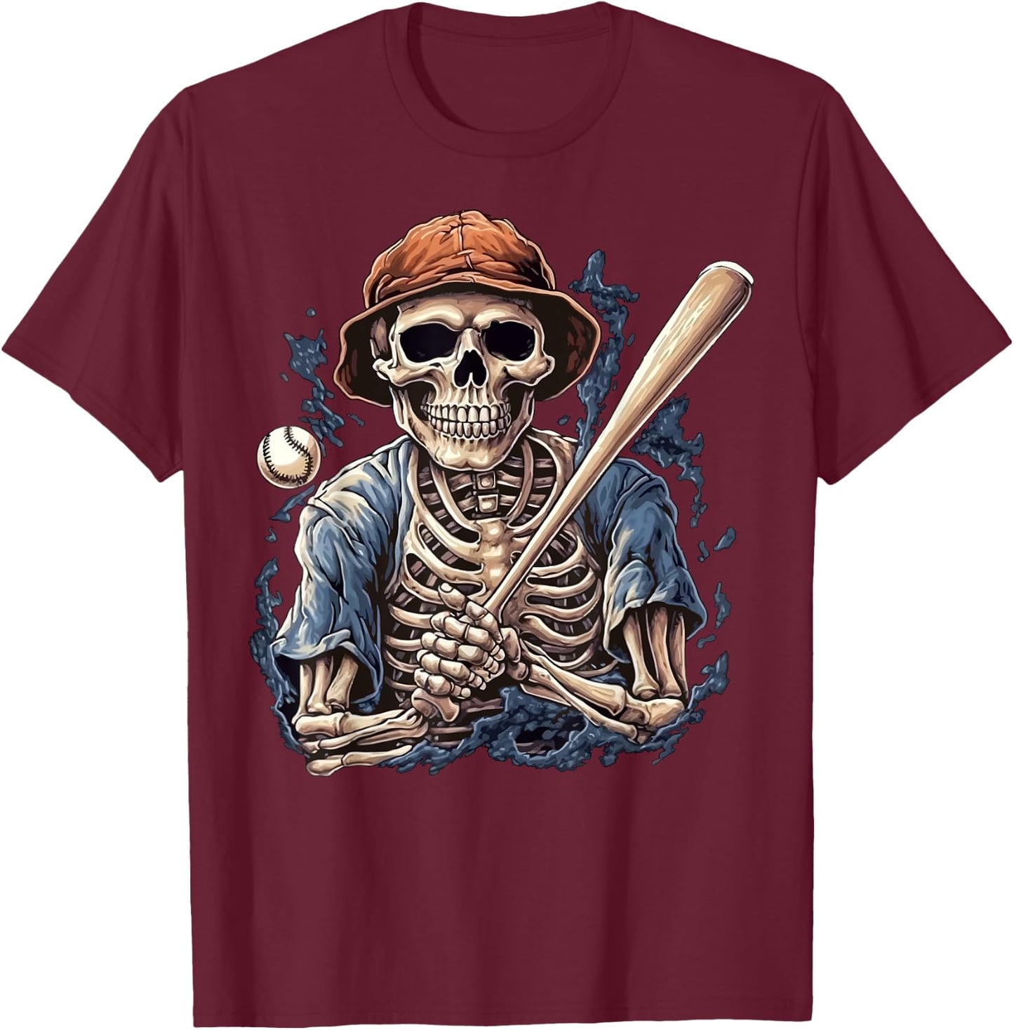 Skeleton Playing Baseball Halloween Scary Pirate Skeleton T-Shirt - T-Shirt | Maroon
