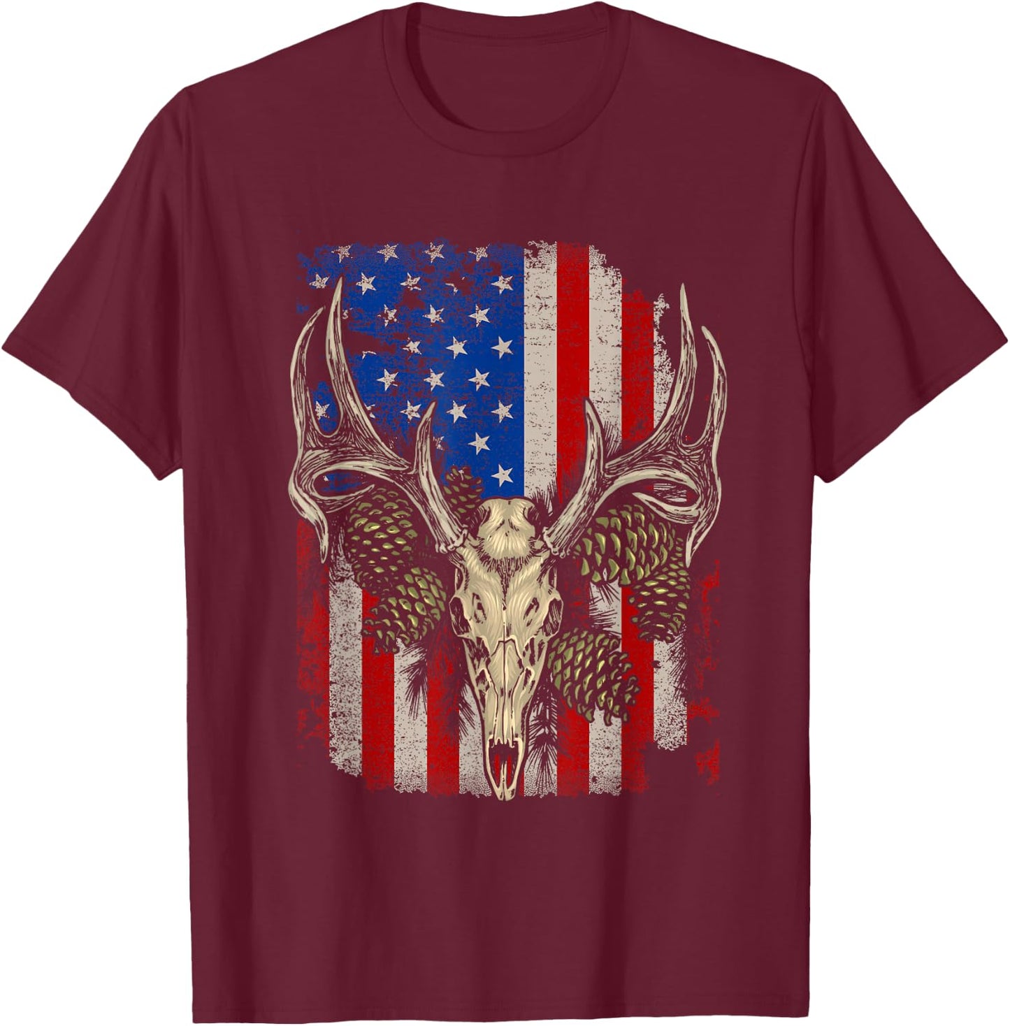Deer Hunting Skull Whitetail Buck American Flag Vintage T-Shirt - T-Shirt | Maroon