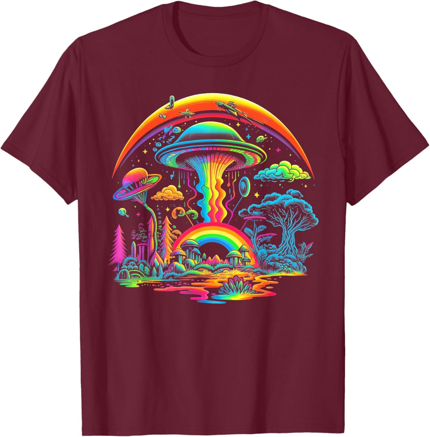 UFO Funny Alien Retro Mushroom Vintage 60s 80s 70s Rainbow T-Shirt - T-Shirt | Maroon