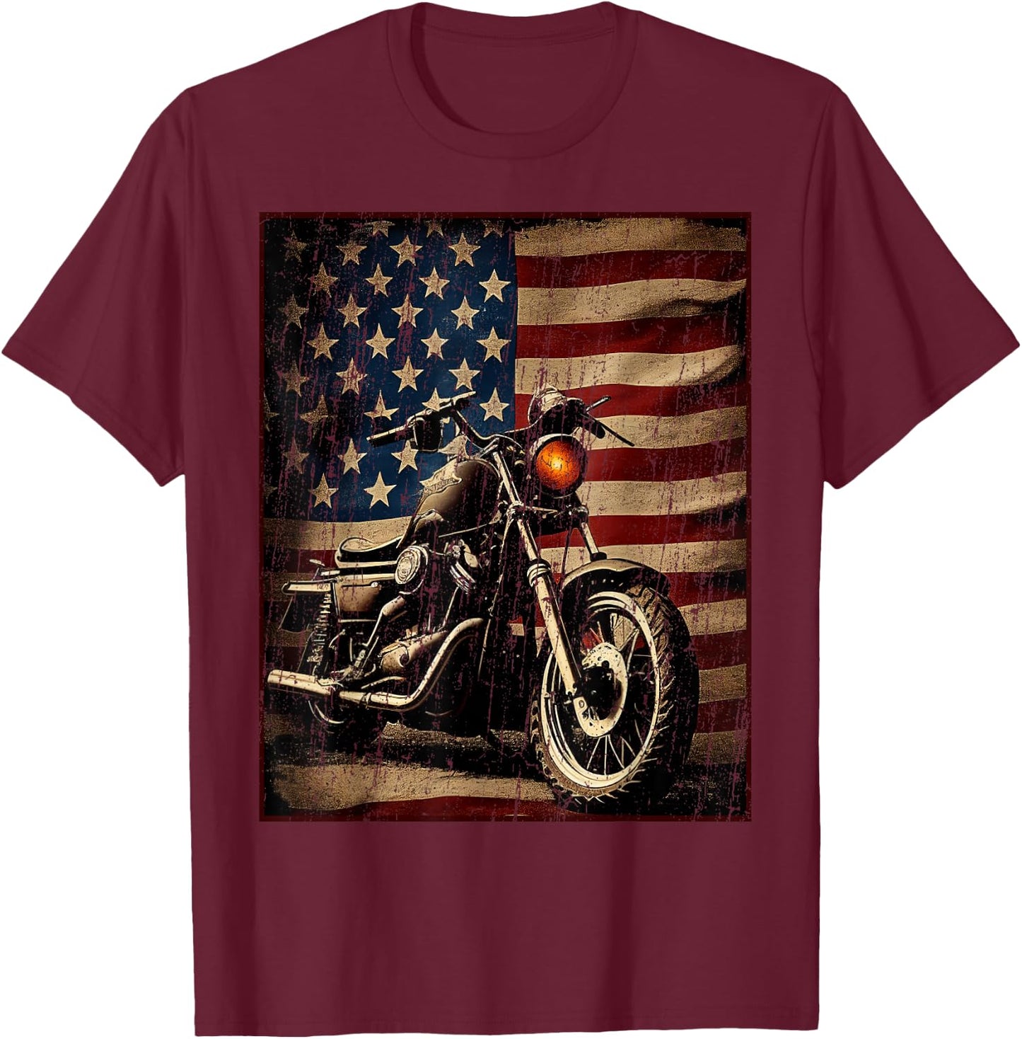 Motorcycle USA Flag Retro Biker T-Shirt - T-Shirt | Maroon