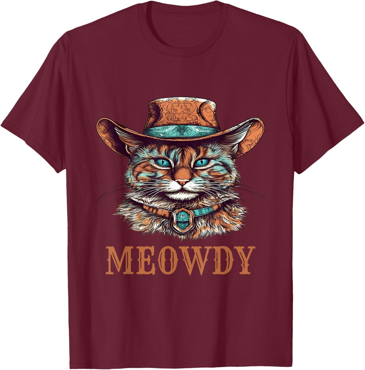 Funny Cat Graphic Howdy Western Cowboy Cowgirl Meowdy Cat T-Shirt - T-Shirt | Maroon