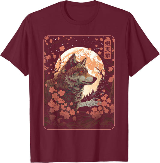 Japanese Hokkaido Wolf and Moon, Nature Art Women, Men T-Shirt - T-Shirt | Maroon