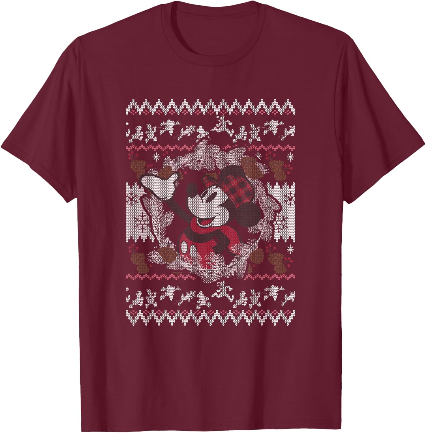 Disney Mickey and Friends Christmas Plaid Ugly Sweater T-Shirt - T-Shirt | Maroon