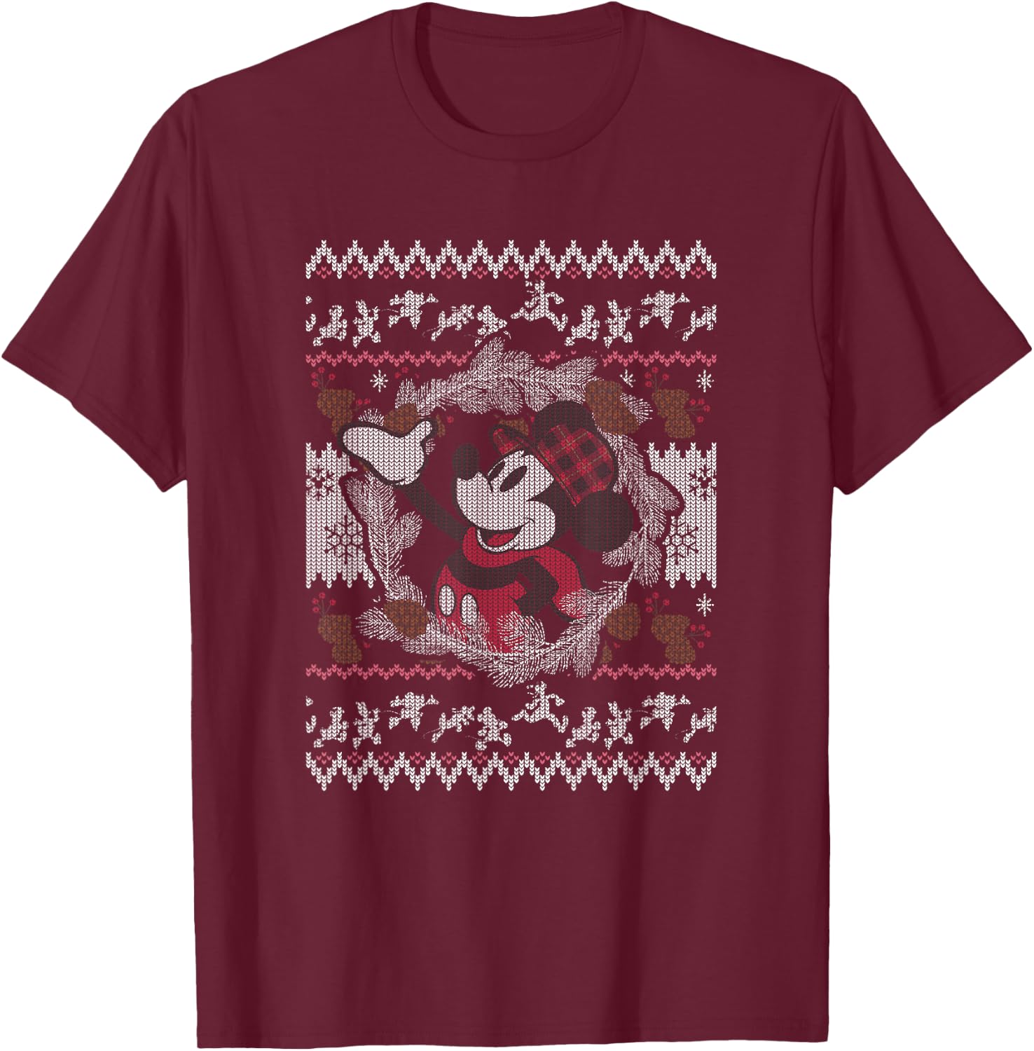 Disney Mickey and Friends Christmas Plaid Ugly Sweater T-Shirt - T-Shirt | Maroon